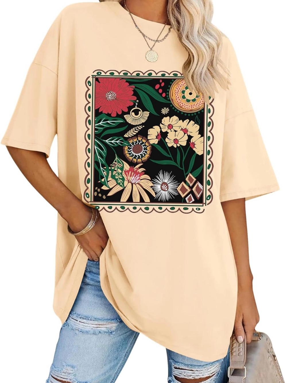 Floral Aztec Western Graphic Tee - Beige